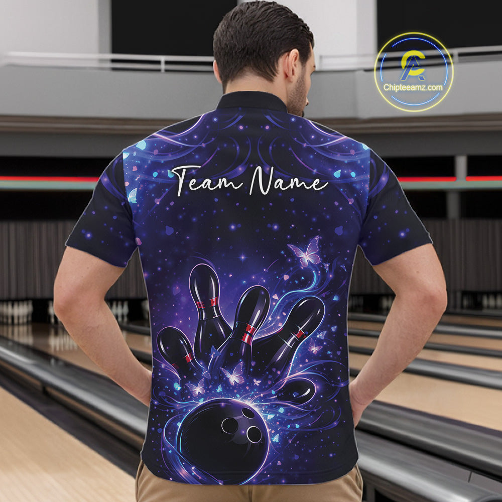 Front view of a male model wearing a blue and purple bowling quarter-zip shirt with bowling-themed artwork.