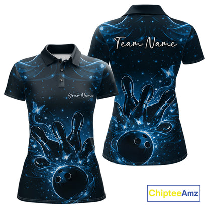 Front and back views of a black and blue womens bowling polo shirt decorated with glowing butterflies, pins, and a bowling ball.