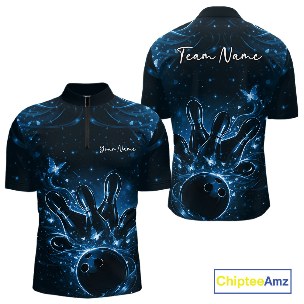 Front and back views of a black and blue mens bowling quarter-zip shirt featuring glowing butterflies and bowling pins.