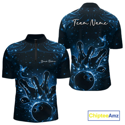 Front and back views of a black and blue mens bowling quarter-zip shirt featuring glowing butterflies and bowling pins.