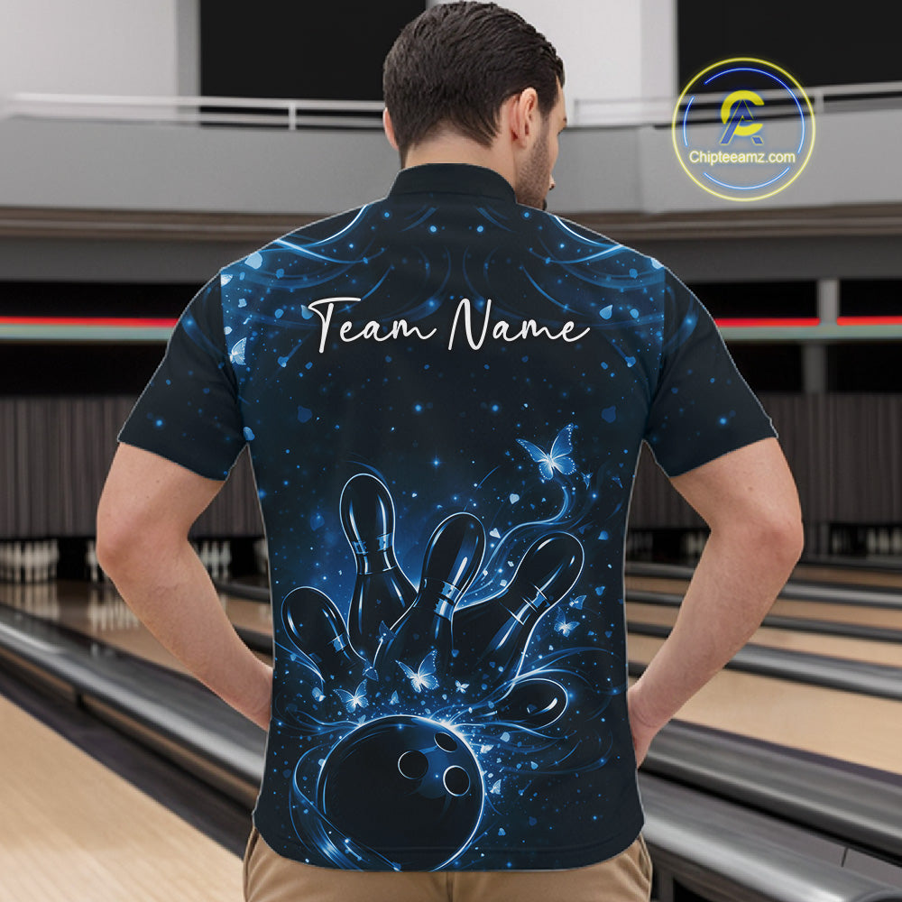 Front view of a male model in a black and blue bowling quarter-zip shirt with bowling ball and pin graphics.