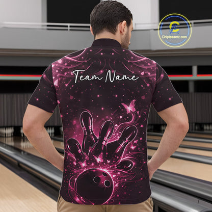 Front view of a male model wearing a black and pink quarter-zip shirt with glowing bowling ball artwork.