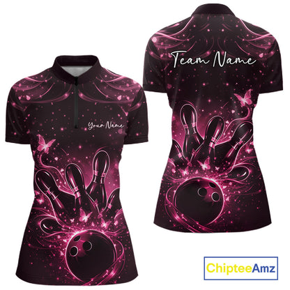 Front and back views of a womens black and pink bowling quarter-zip shirt featuring glowing butterflies around a bowling ball and pins.