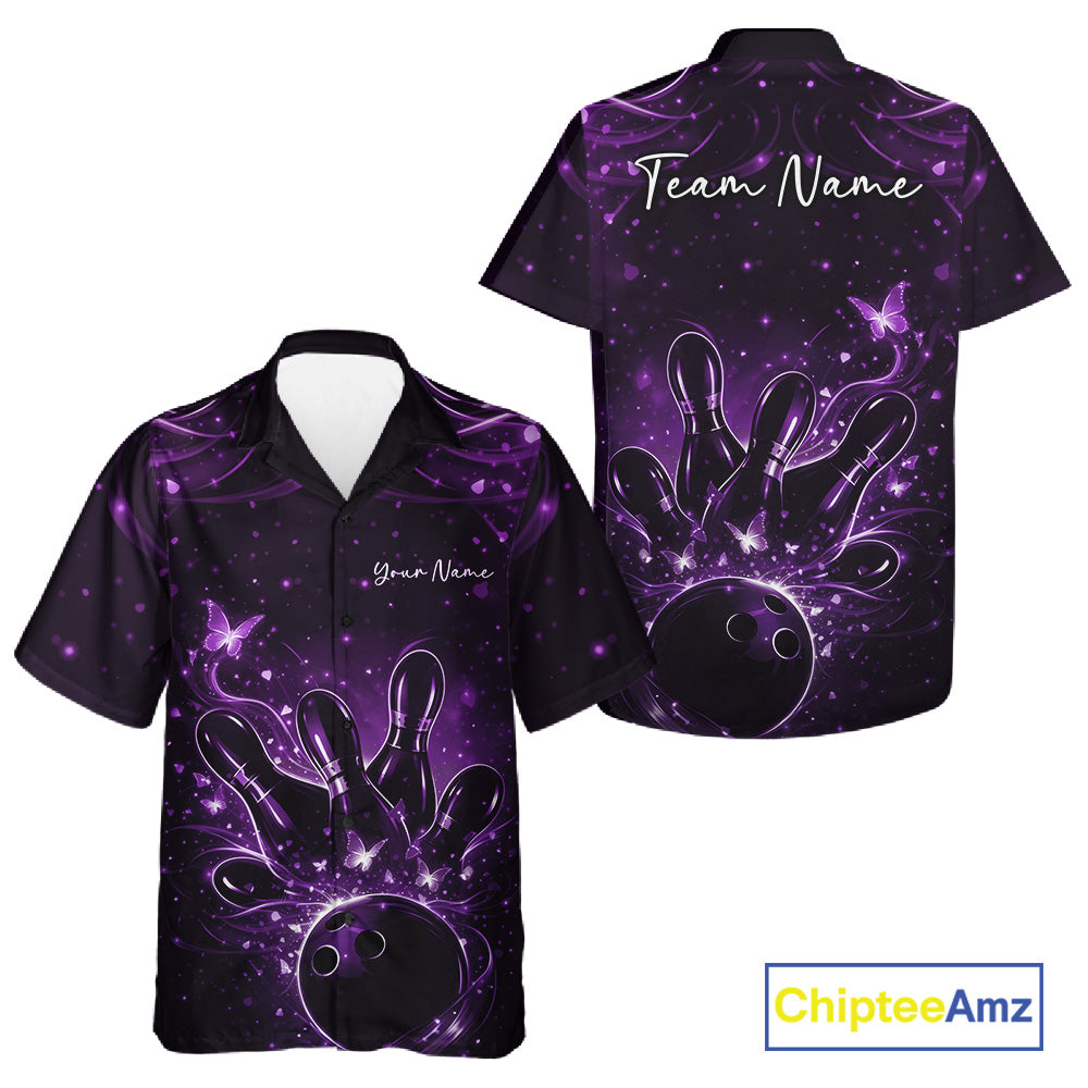 Front and back views of a black and purple button-up bowling shirt featuring a bowling ball, pins, and glowing butterflies.