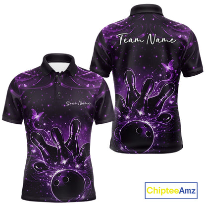 Front and back views of a black and purple mens bowling polo shirt with glowing butterflies around a bowling ball and pins.