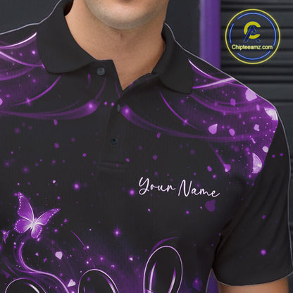 Left chest close-up of a black and purple bowling polo shirt featuring glowing butterfly bowling artwork.
