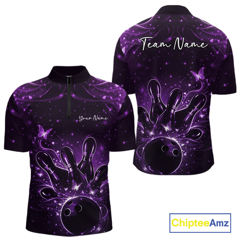 Front and back views of a black and purple mens bowling quarter-zip shirt with bowling ball, pins, and glowing butterflies.