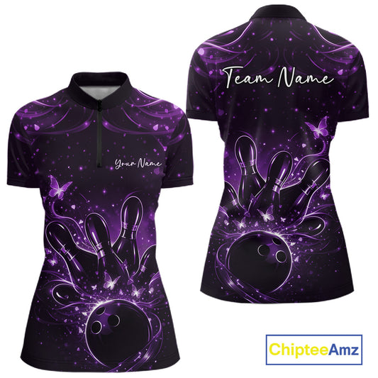Front and back views of a womens black and purple bowling quarter-zip shirt featuring a bowling ball, pins, and glowing butterfly artwork.