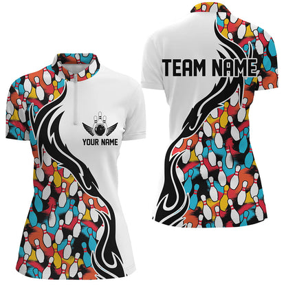Colorful Bowling Pins Custom Ladies Bowling Polo Shirts, Flame Bowling Outfits For Bowlers IPHW6951
