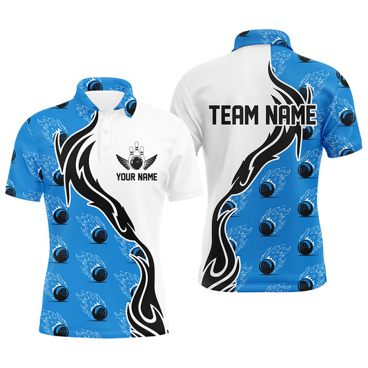 Custom Bowling Shirts For Men With Team Name, Flame Bowling Ball Shirt Bowling Jerseys | Blue IPHW6955