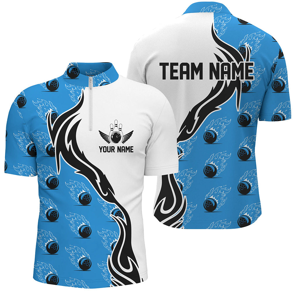 Custom Bowling Shirts For Men With Team Name, Flame Bowling Ball Shirt Bowling Jerseys | Blue IPHW6955