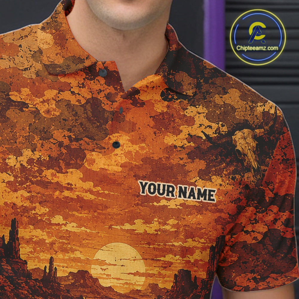 Custom Funny Western Cowboy Bowling Men Polo Shirts, Desert Camo Bowling Jerseys IPHW11638