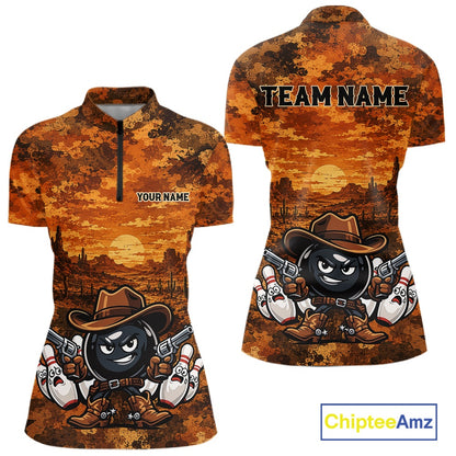 Custom Funny Western Cowboy Bowling Women Quarter-Zip Shirts, Desert Camo Bowling Jersey IPHW11638