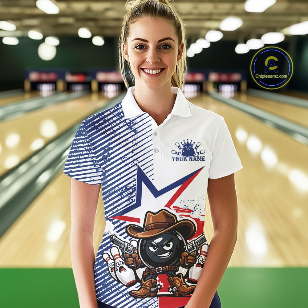 Custom Funny Texas Cowboy Bowling Women Polo Shirt, Texas Flag Bowling League Shirt IPHW11639
