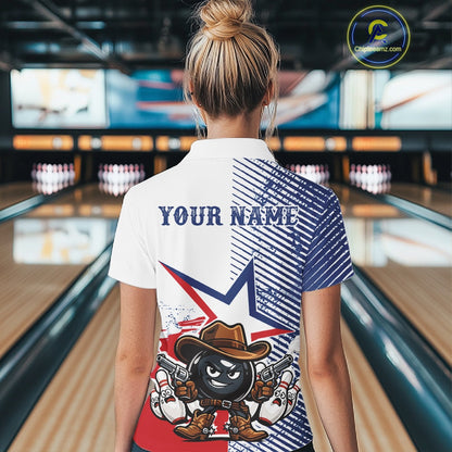 Custom Funny Texas Cowboy Bowling Women Polo Shirt, Texas Flag Bowling League Shirt IPHW11639