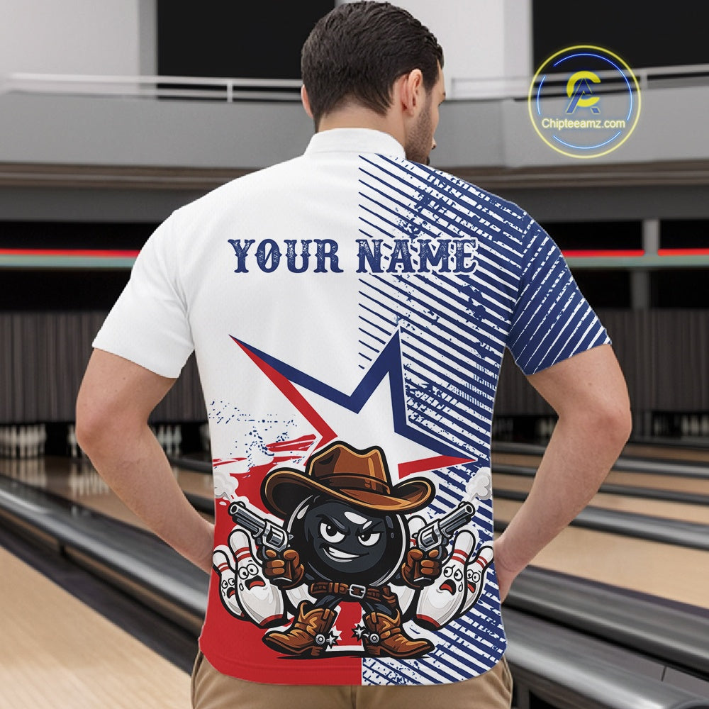 Custom Funny Texas Cowboy Bowling Men Quarter Zip Shirt, Texas Flag Bowling League Shirt IPHW11639