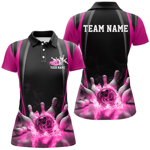 Black And Pink Bowling Jersey Custom Flame Bowling Shirts For Women, Bowling Team Uniform IPHW7510