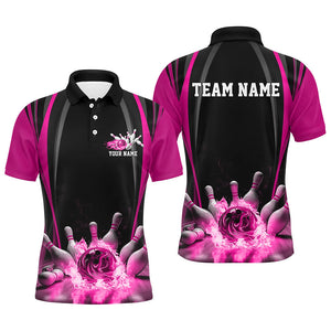 Black And Pink Bowling Jersey Custom Flame Bowling Shirts For Men, Bowling Team Uniform IPHW7510