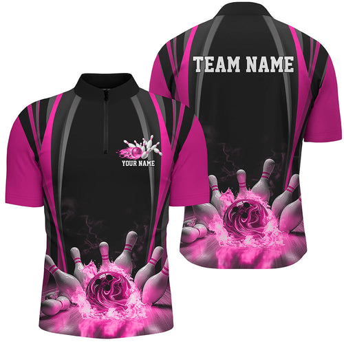 Black And Pink Bowling Jersey Custom Flame Bowling Shirts For Men, Bowling Team Uniform IPHW7510