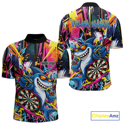 Custom Colorful Shark Dart Men Quarter Zip Shirt, Funny Graffiti Dart Team Jersey IPHW12637