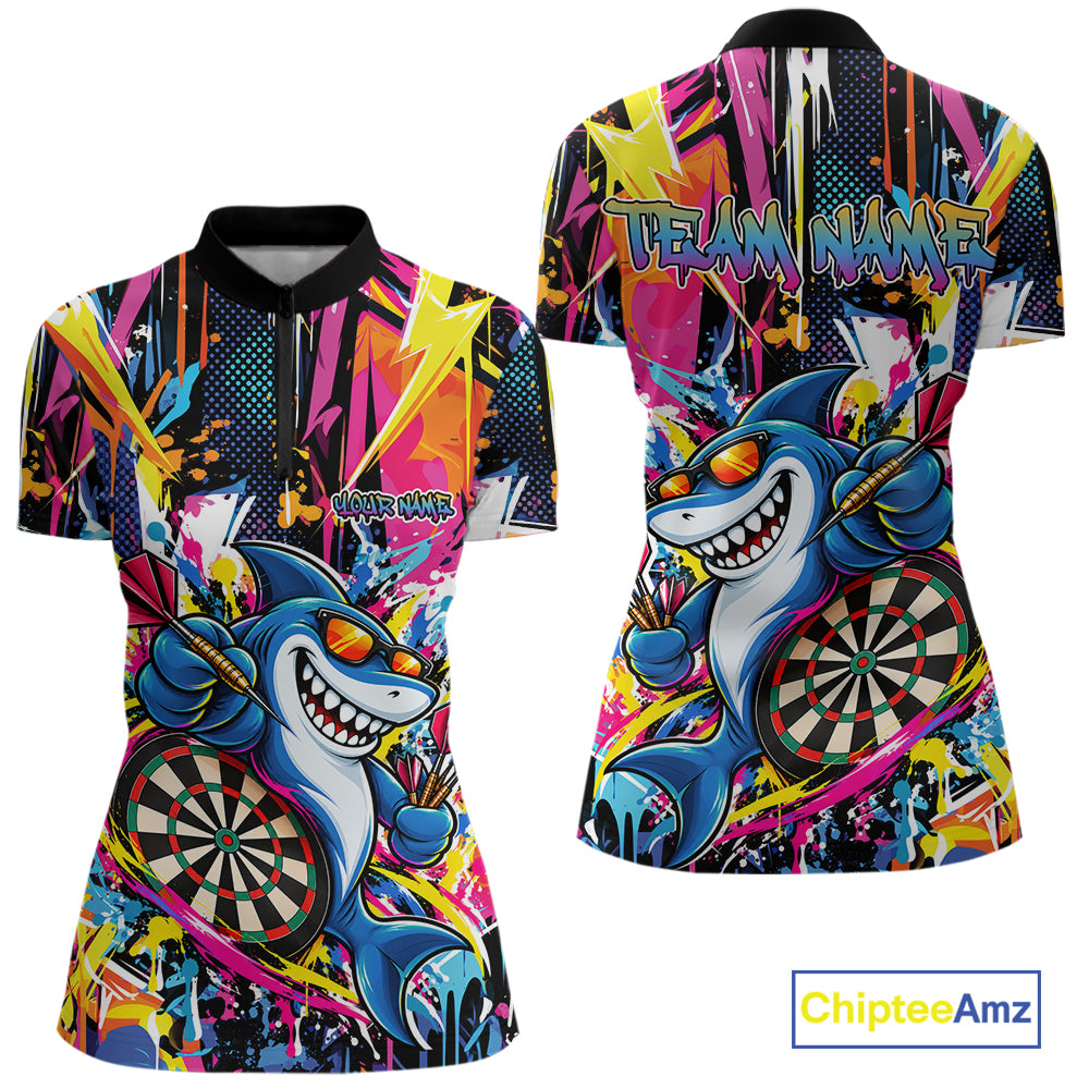 Custom Colorful Shark Dart Women Quarter-Zip Shirt, Funny Graffiti Dart Team Jersey IPHW12637