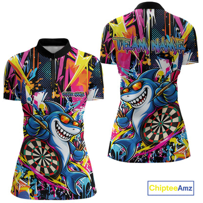 Custom Colorful Shark Dart Women Quarter-Zip Shirt, Funny Graffiti Dart Team Jersey IPHW12637