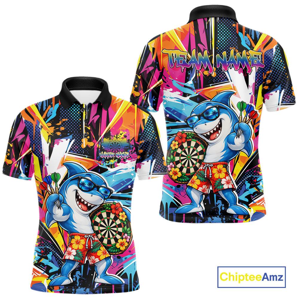 Custom Funny Shark Colorful Dart Men Polo Shirt, Tropical Graffiti Style Dart Jersey IPHW12646