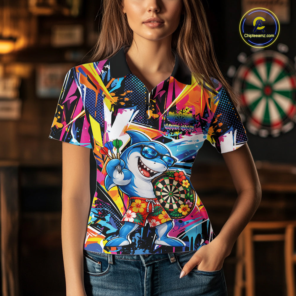 Custom Funny Shark Colorful Dart Women Polo Shirt, Tropical Graffiti Style Dart Jersey IPHW12646