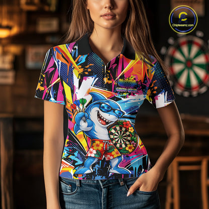 Custom Funny Shark Colorful Dart Women Polo Shirt, Tropical Graffiti Style Dart Jersey IPHW12646