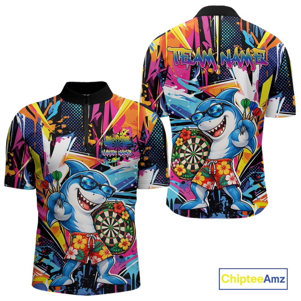 Custom Funny Shark Colorful Dart Men Quarter Zip Shirt, Tropical Graffiti Style Dart Jersey IPHW12646