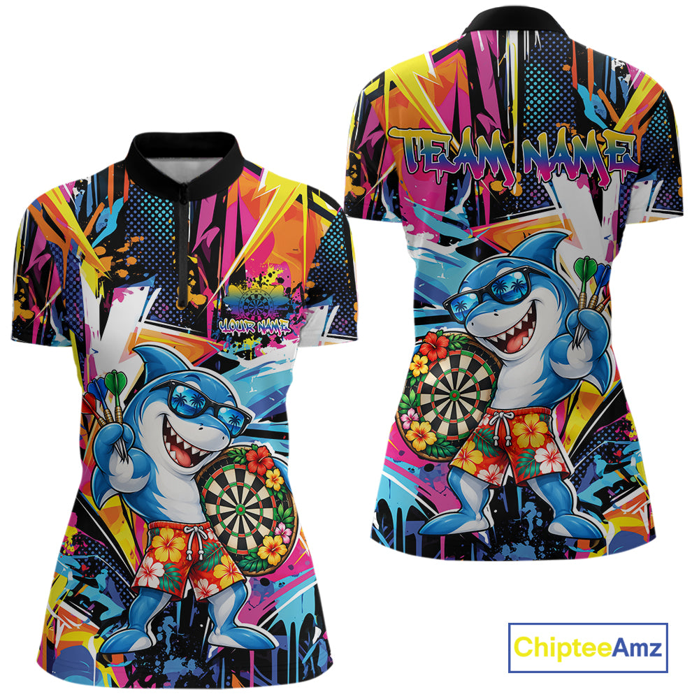 Custom Funny Shark Colorful Dart Women Quarter-Zip Shirt, Tropical Graffiti Dart Jersey IPHW12646