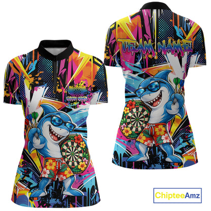 Custom Funny Shark Colorful Dart Women Quarter-Zip Shirt, Tropical Graffiti Dart Jersey IPHW12646