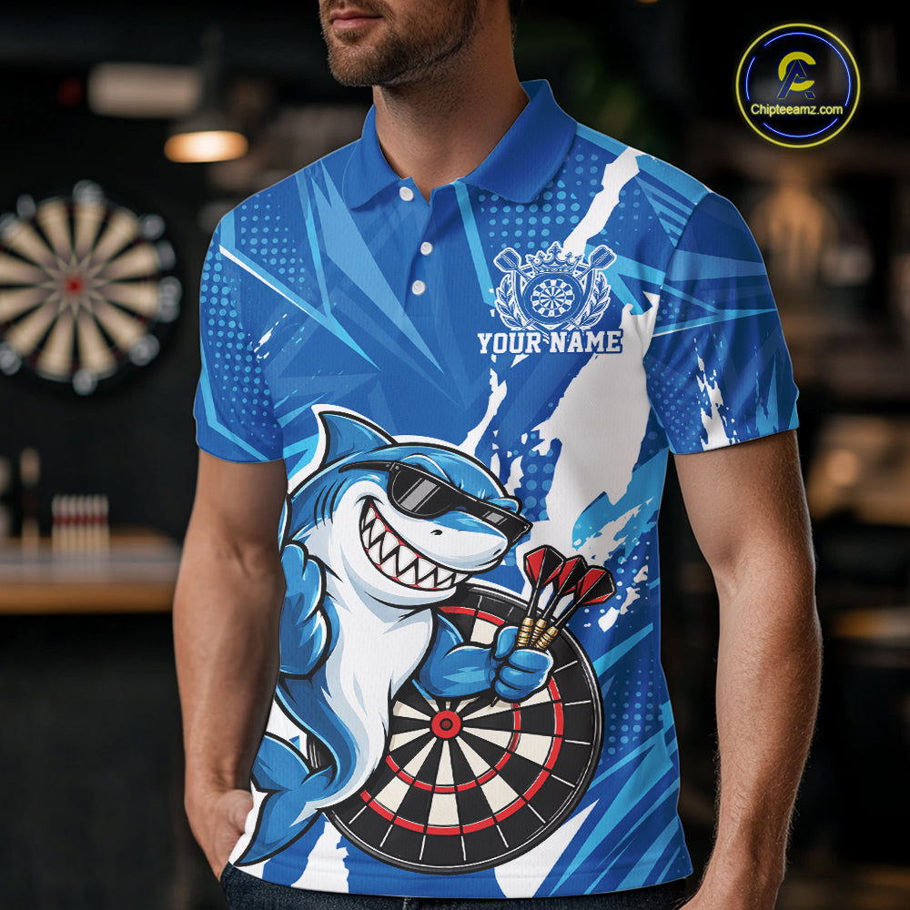 Custom Blue Funny Shark Dart Men Polo, Matching Team Dart Jersey Dart League Shirt IPHW12653