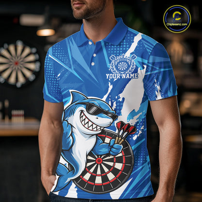 Custom Blue Funny Shark Dart Men Polo, Matching Team Dart Jersey Dart League Shirt IPHW12653