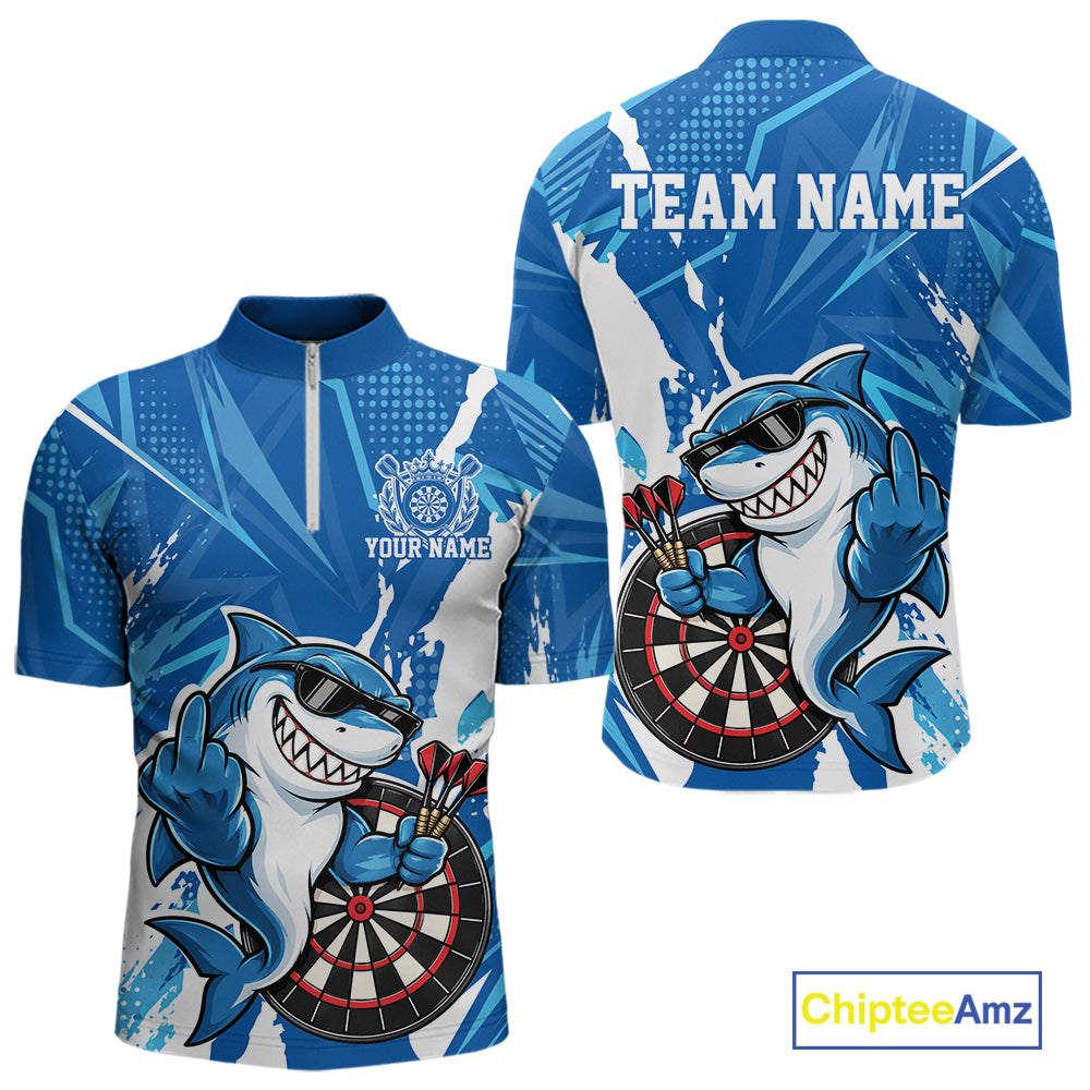 Custom Blue Funny Shark Dart Men Quarter Zip, Matching Team Dart Jersey Dart League Shirt IPHW12653