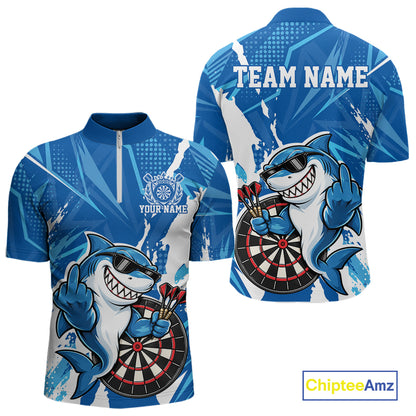 Custom Blue Funny Shark Dart Men Quarter Zip, Matching Team Dart Jersey Dart League Shirt IPHW12653
