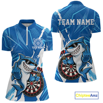 Custom Blue Funny Shark Dart Women Quarter-Zip, Team Dart Jersey Dart League Shirt IPHW12653