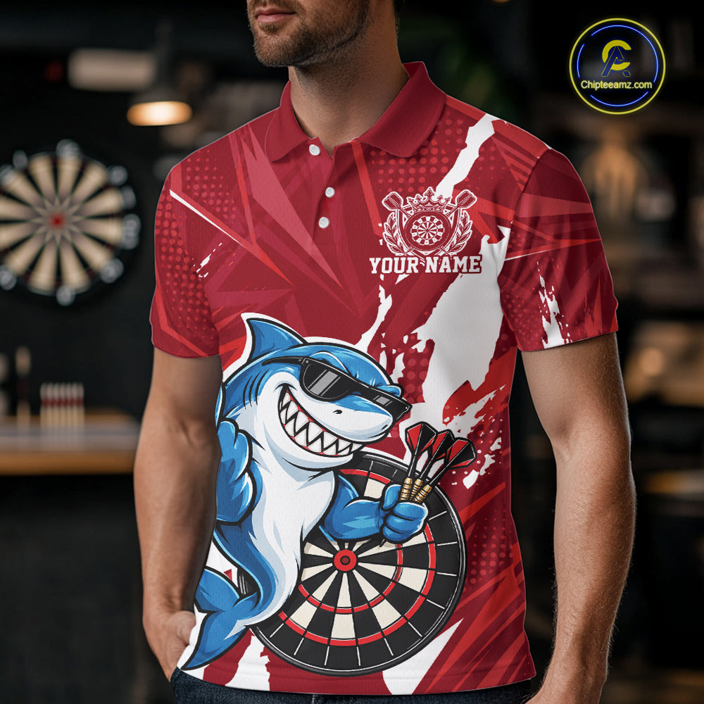 Custom Red Funny Shark Dart Men Polo, Matching Team Dart Jersey Dart League Shirt IPHW12655