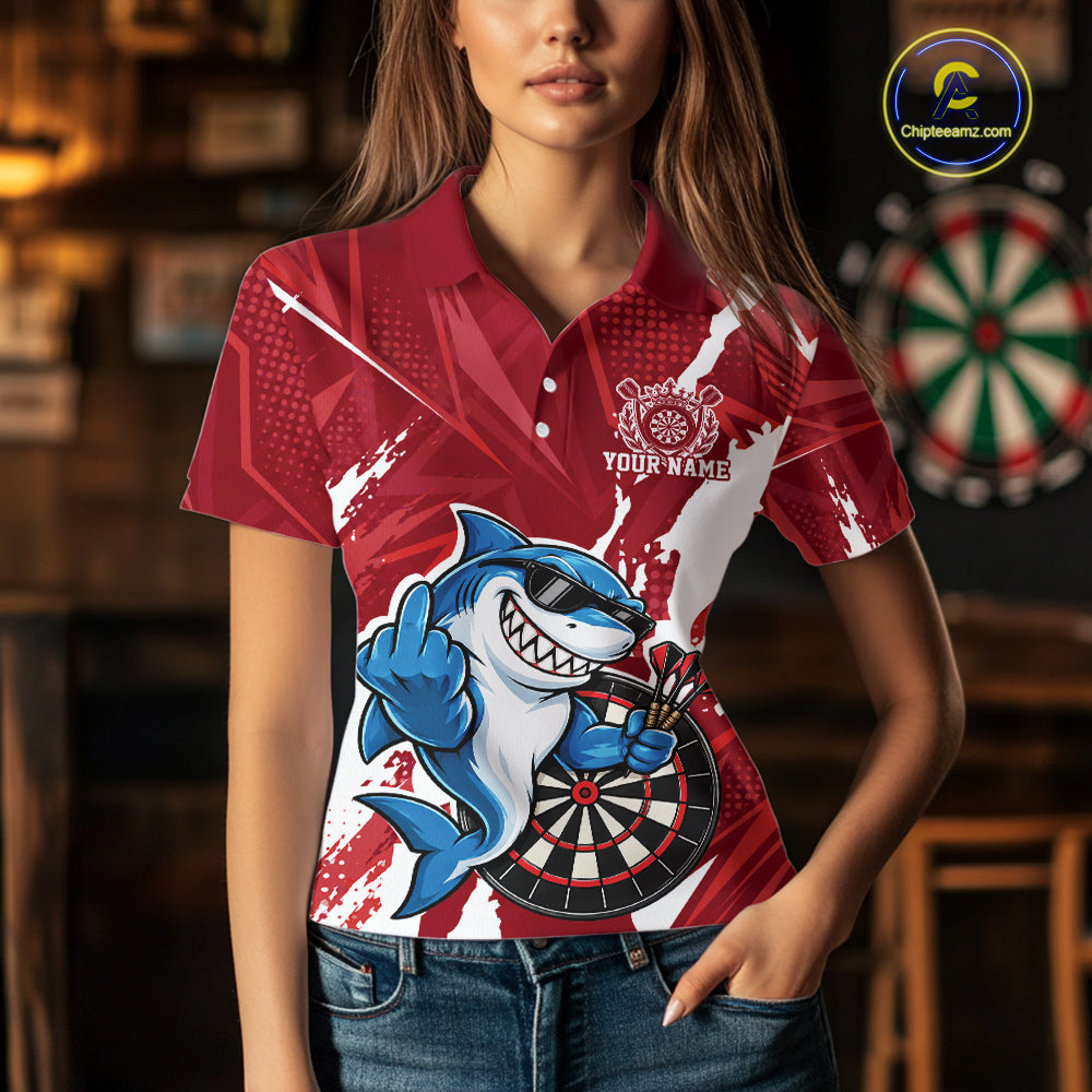 Custom Red Funny Shark Dart Women Polo, Matching Team Dart Jersey Dart League Shirt IPHW12655