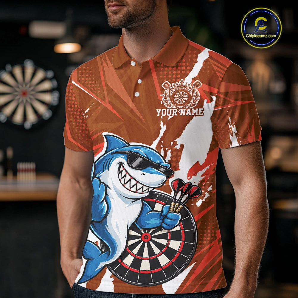 Custom Orange Funny Shark Dart Men Polo, Matching Team Dart Jersey Dart League Shirt IPHW12656
