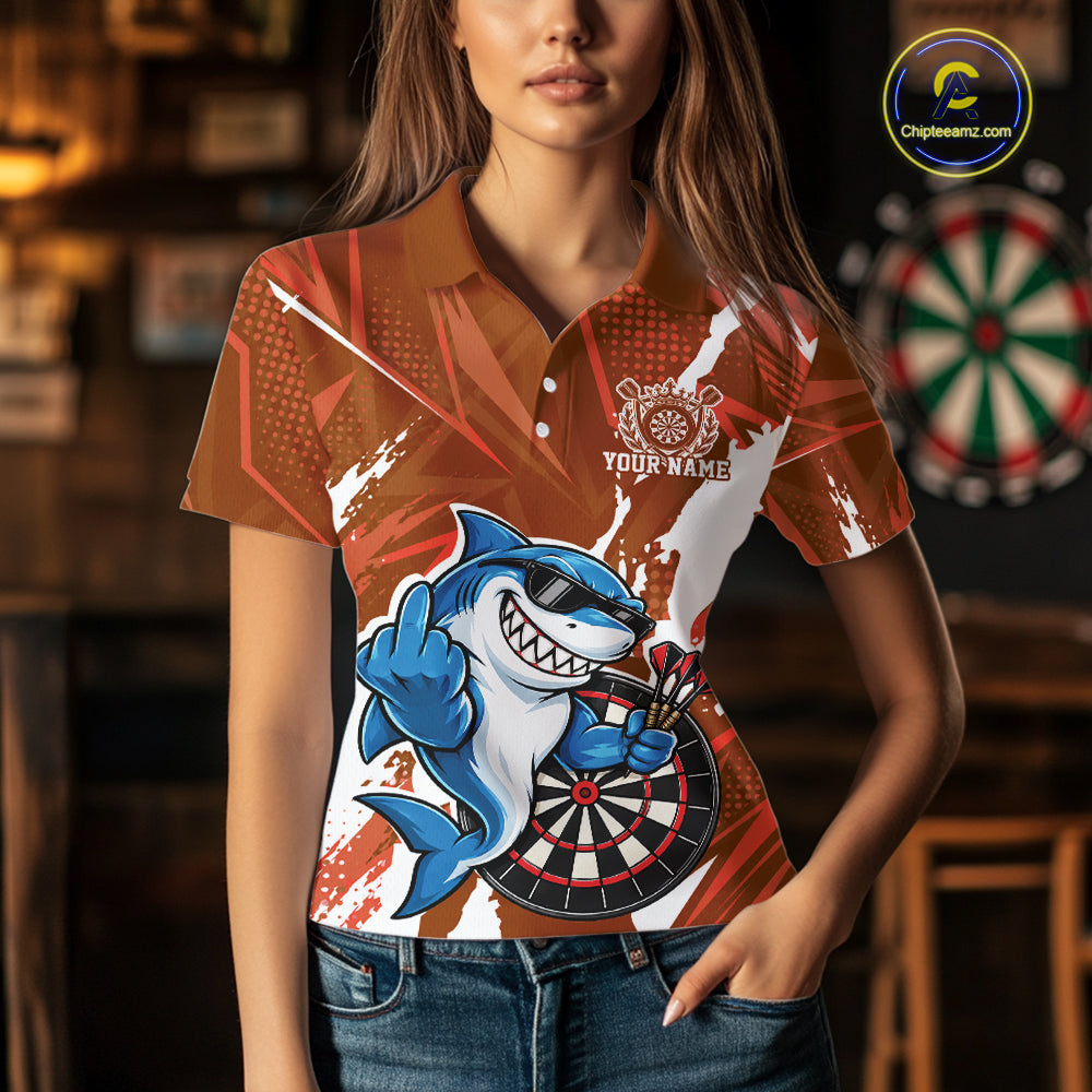 Custom Orange Funny Shark Dart Women Polo, Matching Team Dart Jersey Dart League Shirt IPHW12656