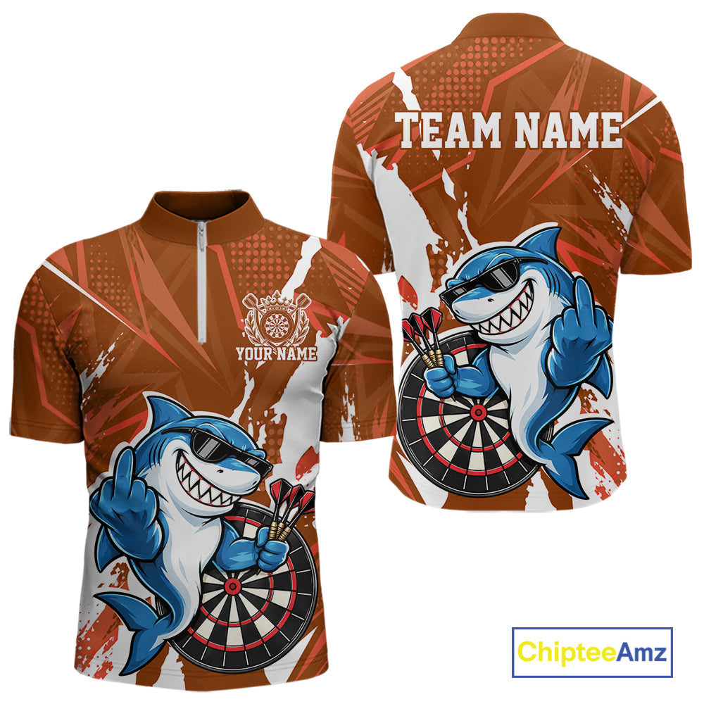 Custom Orange Funny Shark Dart Men Quarter Zip, Matching Team Dart Jersey Dart League Shirt IPHW12656