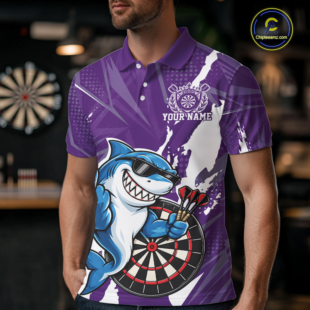 Custom Purple Funny Shark Dart Men Polo, Matching Team Dart Jersey Dart League Shirt IPHW12657