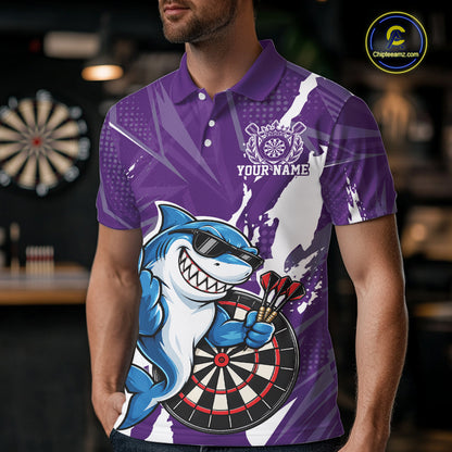 Custom Purple Funny Shark Dart Men Polo, Matching Team Dart Jersey Dart League Shirt IPHW12657