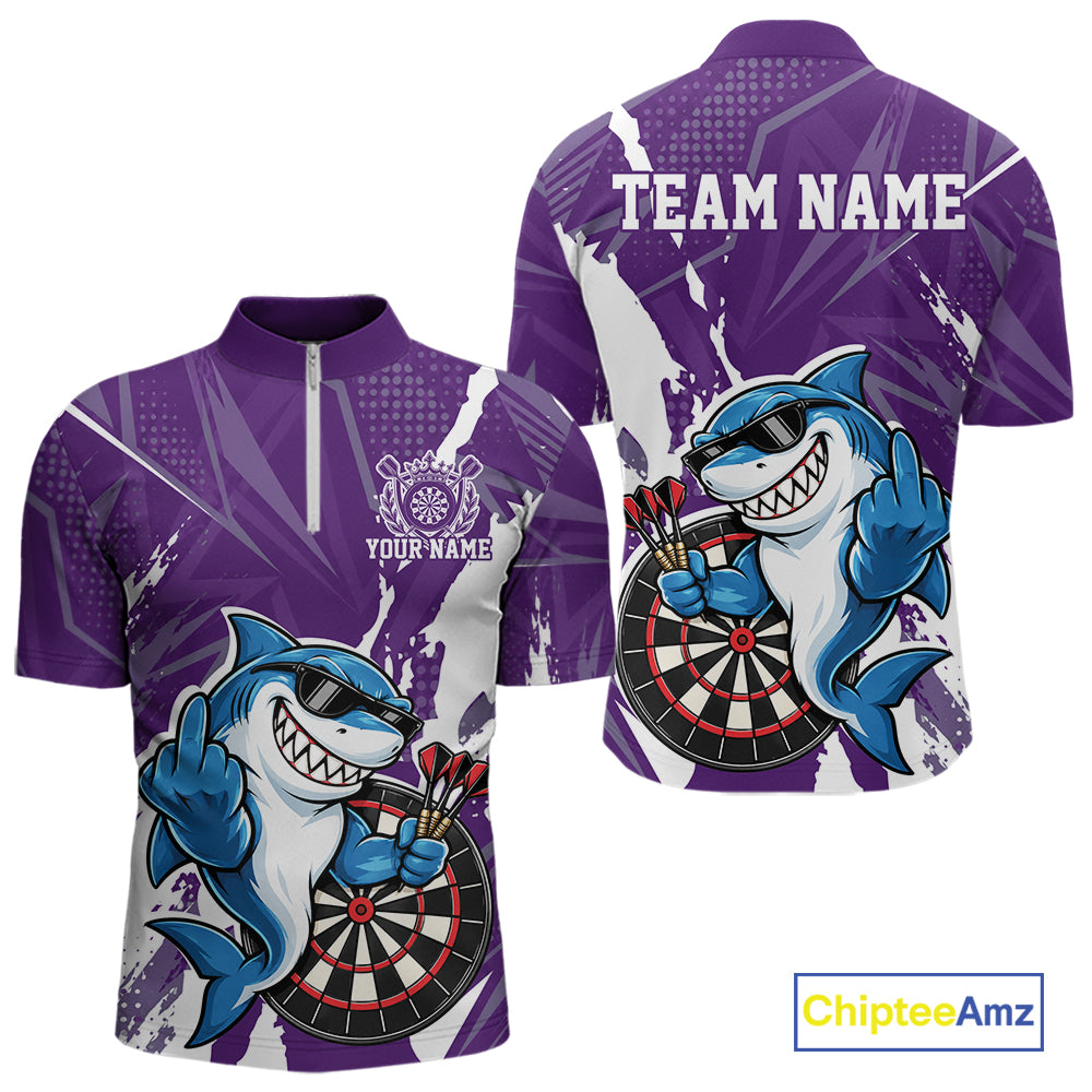 Custom Purple Funny Shark Dart Men Quarter Zip, Matching Team Dart Jersey Dart League Shirt IPHW12657