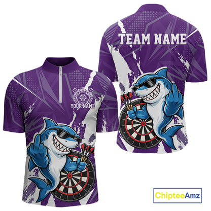 Custom Purple Funny Shark Dart Men Quarter Zip, Matching Team Dart Jersey Dart League Shirt IPHW12657