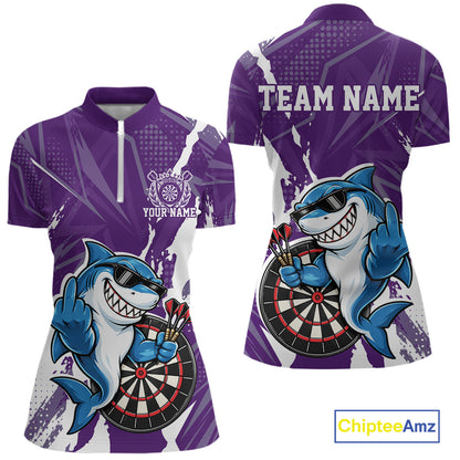Custom Purple Funny Shark Dart Women Quarter-Zip, Team Dart Jersey Dart League Shirt IPHW12657