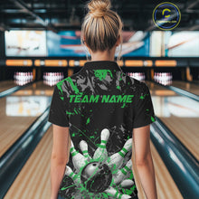 Load image into Gallery viewer, Custom Black And Green Splatter Camo Bowling Team Polo Shirts For Women IPHW10796