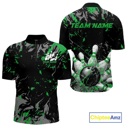 Custom Black And Green Splatter Camo Bowling Team Quarter-Zip Shirts For Men IPHW10796