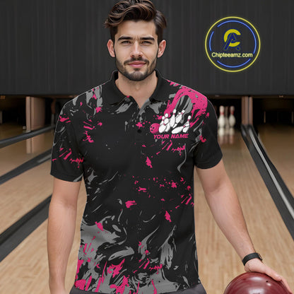 Custom Black And Pink Splatter Camo Bowling Team Polo Shirts For Men IPHW10797